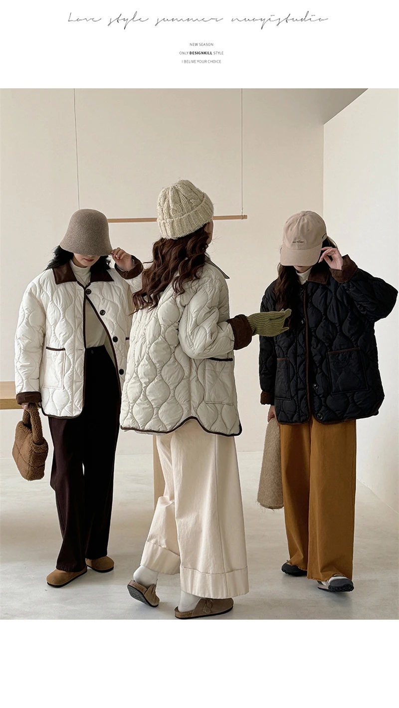 Autumn Down Cotton Padded Jacket Women's 2025 Contrast Lapel Rhombic Thin Short Loose Spring Cotton Padded Casual Coats Female