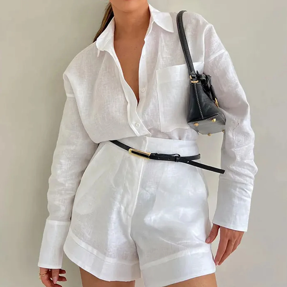 2024 Casual Fashion Button Pockets Short Pant Women's Suit Elegant Lapel Long Sleeves 2 Pieces Set Simple Vacation Female Outfit