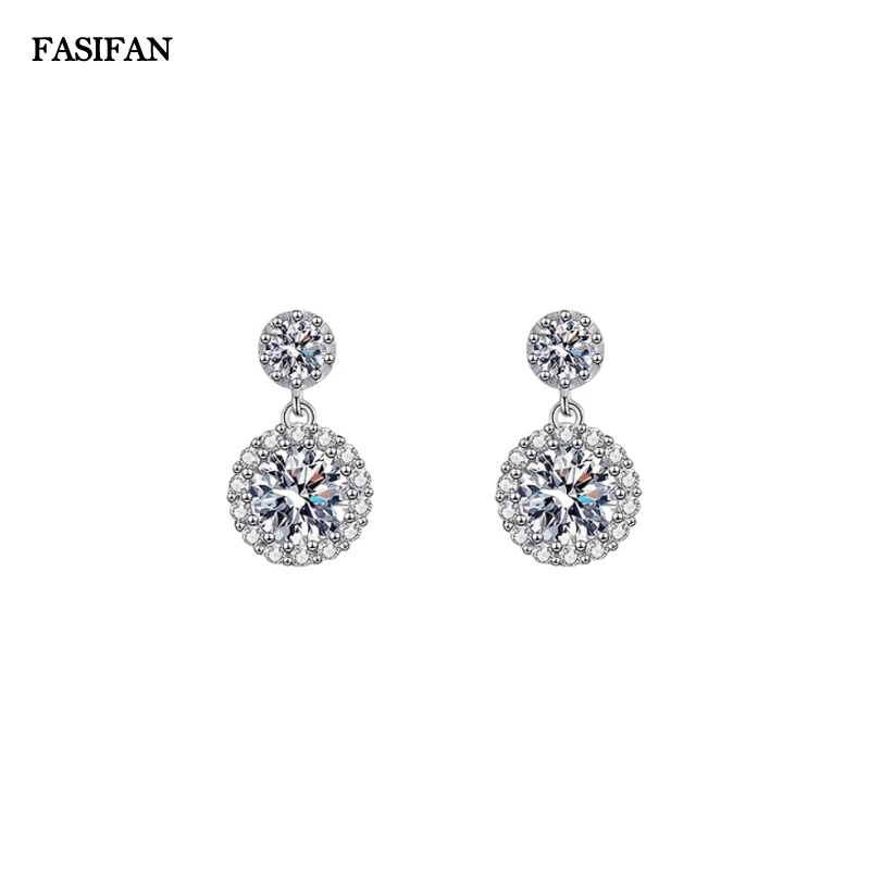 FASIFAN Round 2 Carat Moissanite Diamond For Women S925 18K White Gold Silver Pendant Earrings Gift