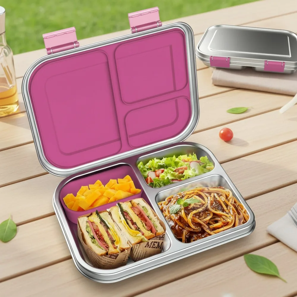 

Kids Stainless Steel Bento Lunch Box, 3 Compartments with Silicone Container, Leak-Proof, Dishwasher Safe for School & Travel