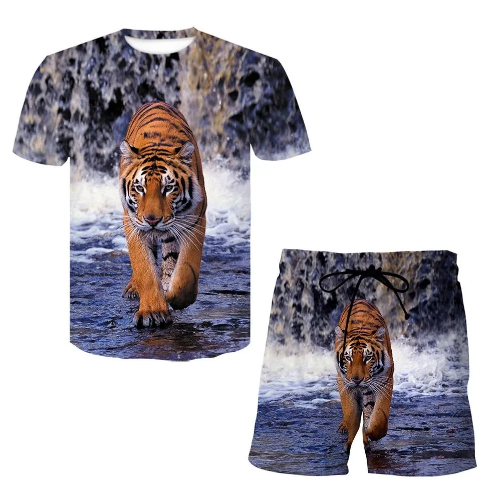 2025 3D printed tiger pattern summer new men's animal tiger sportswear fashionable short sleeved two-piece set