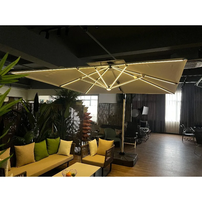 Hanging Banana Umbrella Cantilever Offset Parasol Double Top Vent Solar LED Lights 360° Rotate with Water Base for Garden