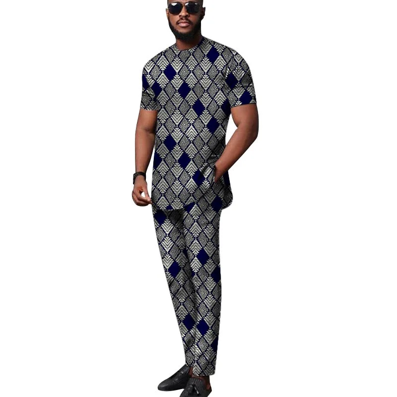 African Tops+Elastic Waist Trousers Male Groom Suit Nigerian Fashion Short Sleeves Men\'s Sets Party Wear