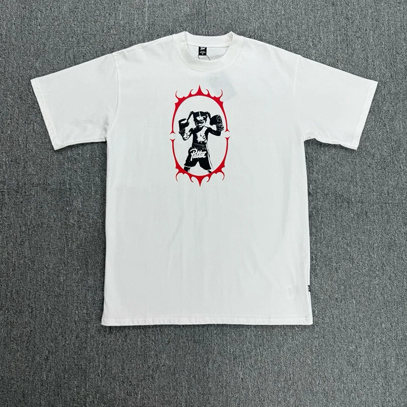 New Arrival PATTA Men Daily Casual T-Shirt Bold Boxer Print Red Flame Accent Short Sleeve White Tee Top