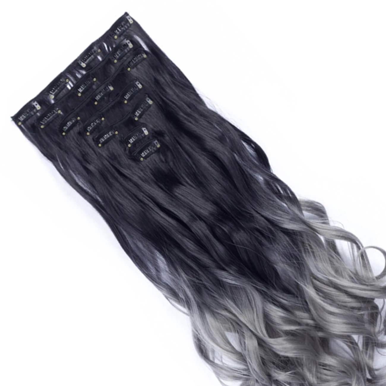 Soowee Curly Synthetic Hair Black to Grey Clip in Hair Extensions Full Head Hair Pieces for Women Postiche Natural Hair Clip Ins