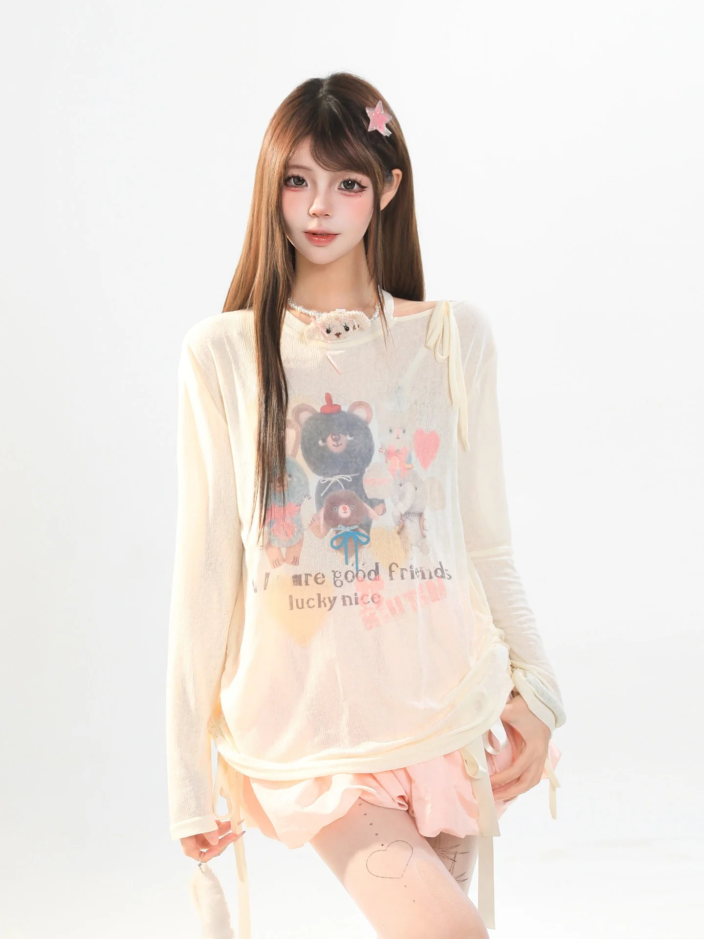 Cute Cartoon Bear Long Sleeve T-Shirt Women's Spring Lazy Casual Beautiful Anti-Aging Style Sun Protection Cover up Top