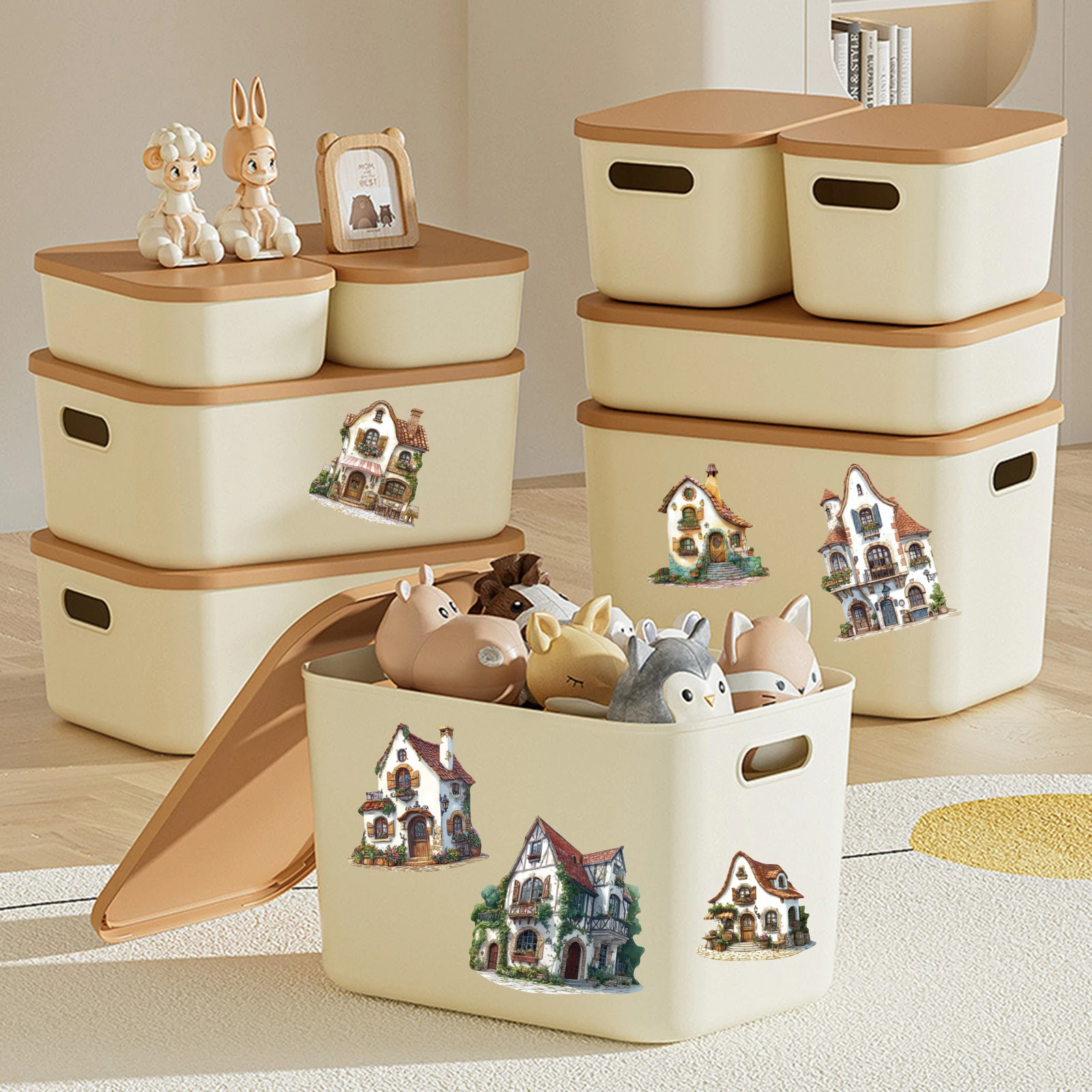 15 個ヨーロッパ小さな家建物レトロ PET ステッカーラップトップ荷物 Diy 装飾家の装飾おもちゃ文具ステッカー