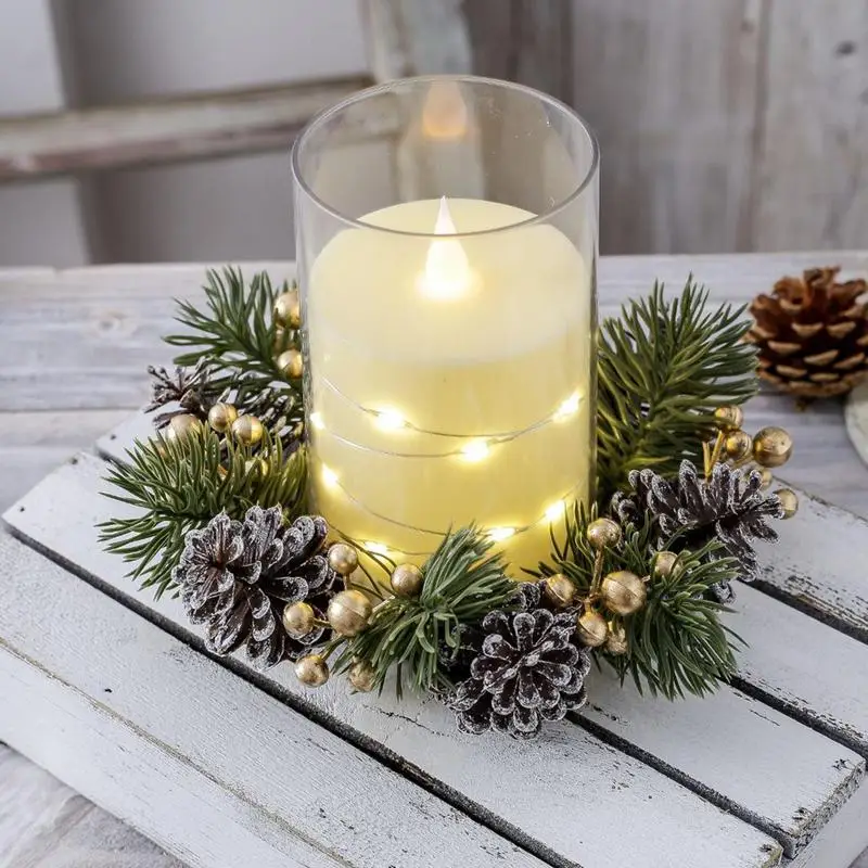 Artificial Christmas Candle Wreath Nordic Rustic Plastic Candle Holder Ring with Pine cone and Berry Candlestick Garland