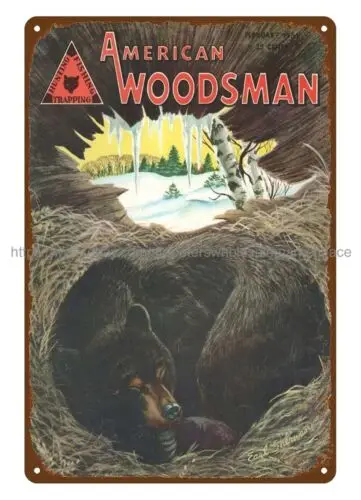 courtyard homes 1954 American Woodsman cover art bear hibernating metal tin sign