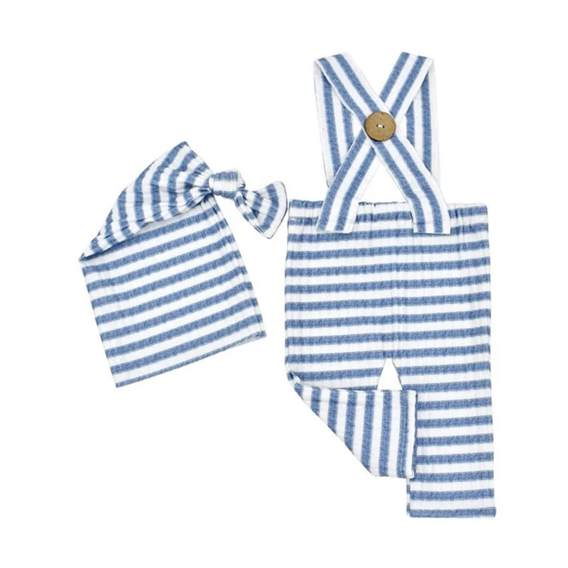 

Baby Photography Attire Striped Overalls and Long Tail Hat Strap Pants with Hat