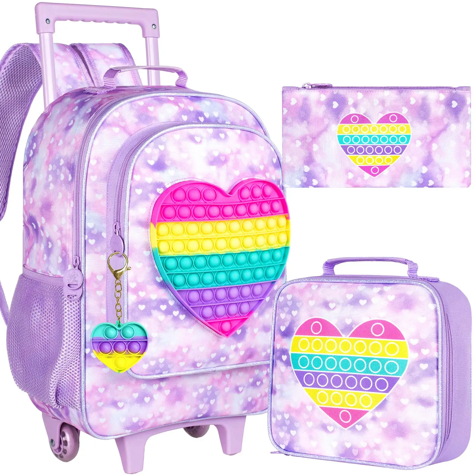 3PCS Rolling Backpack for Boys, Kids Roller Wheels Bookbag, Wheeled School Bag with Lunch Bag - Love Purple