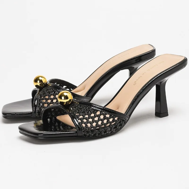 

New Designer Heeled Slippers Women Fashion Woven Hollow Summer Slide Sandals Sexy Open Toe Lightweight Beach Casual Shoes Ladies