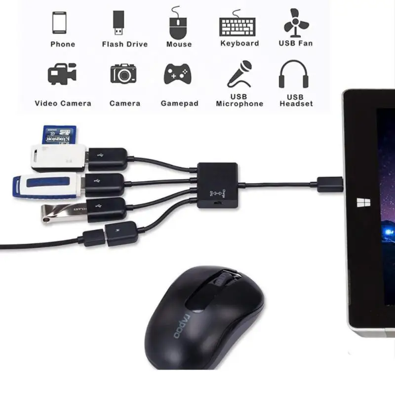 4 Port Micro USB 2.0 HUB 4-IN-1 OTG Hub Power Adapter Cable For Android Phone Tablet PC