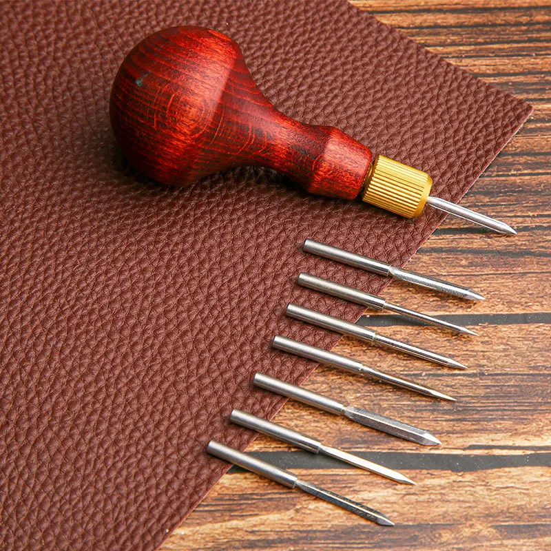 1Set DIY Leather Punch Awl Wood Handle Replaceable Needle Head Shoes Hand Leather Craft Punch Hole Stitcher Tool