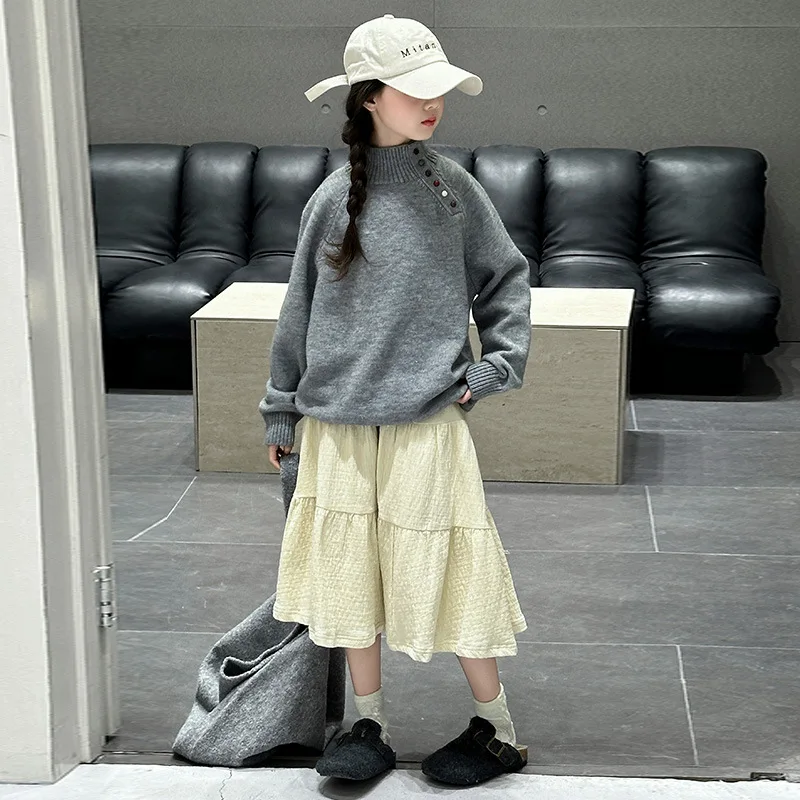 

Kids Girl Two-piece Outfit Autumn Junior Girl Turtleneck Long Sleeve Sweater Children Girls Solid Color Skirt Teenager Girl Set