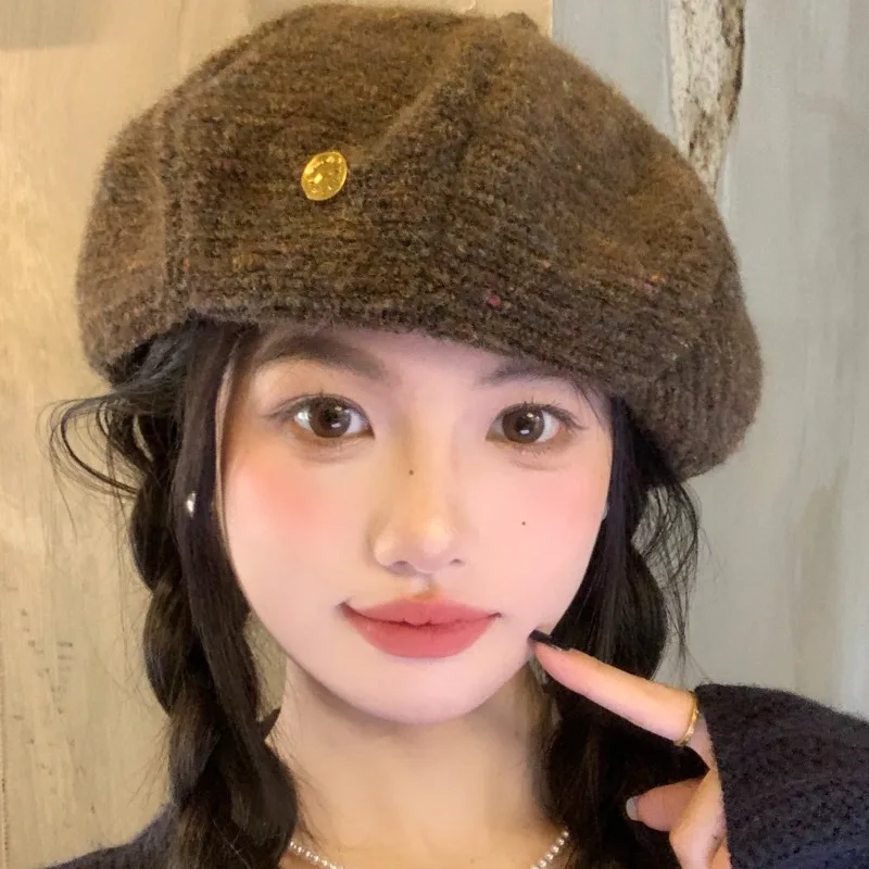 Knitted Beret Women's Autumn and Winter Coffee Color Show Small Face Big Head Circumference Warm Versatile Cloud Painter Hat