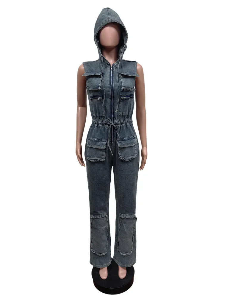 Ueteey Denim Overall für Frauen 2024 ärmellose große Tasche Kapuze Vintage Overalls Damen elastische Cargo Overalls hellblau