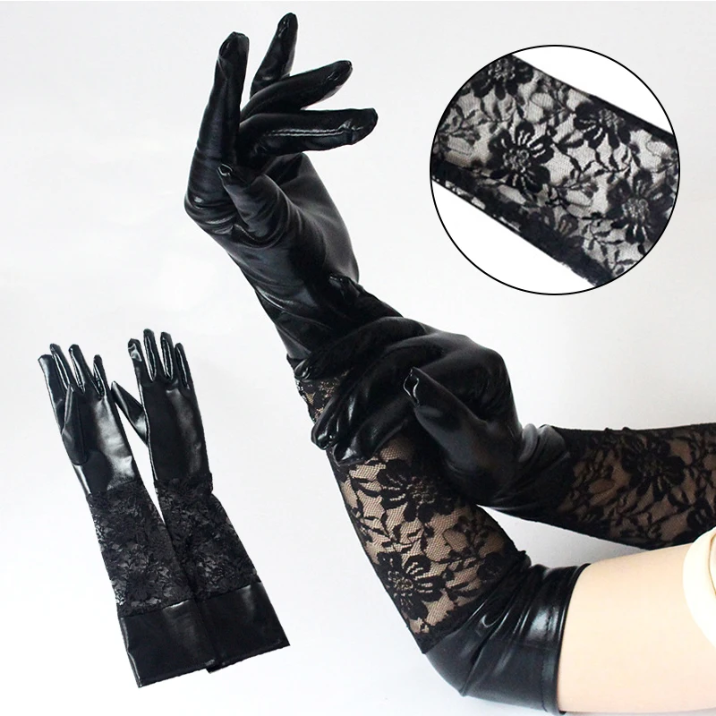 

Fashion Women's Long Gloves 1 Pair Lace Faux Long Leather Gloves Black Ladies Sexy Adults Performance Party Lace Gloves Female