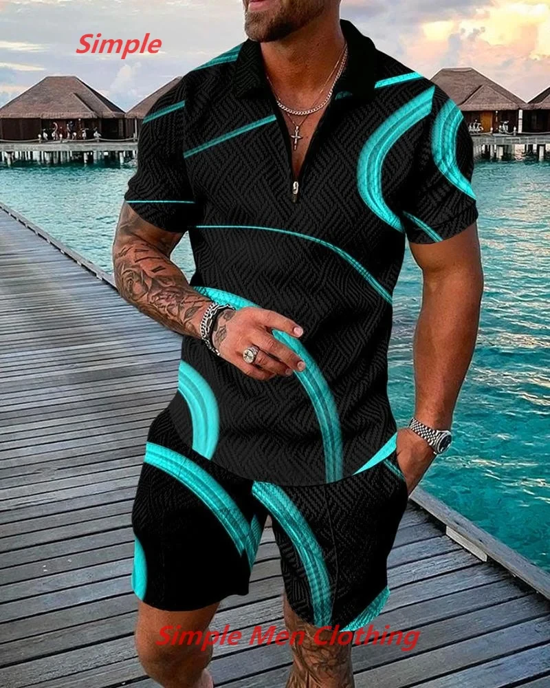 Terno esportivo casual estampado em 3D masculino, estilo retrô simples, polo de manga curta, calção de praia, agasalho, verão, conjuntos de duas