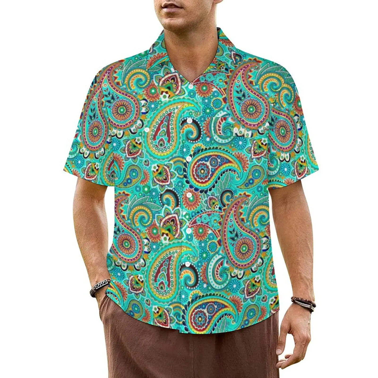 

Colorful Paisley Beach Shirt Modern Art Print Hawaiian Casual Shirts Men Vintage Blouses Short Sleeve Fashion Custom DIY Clothes