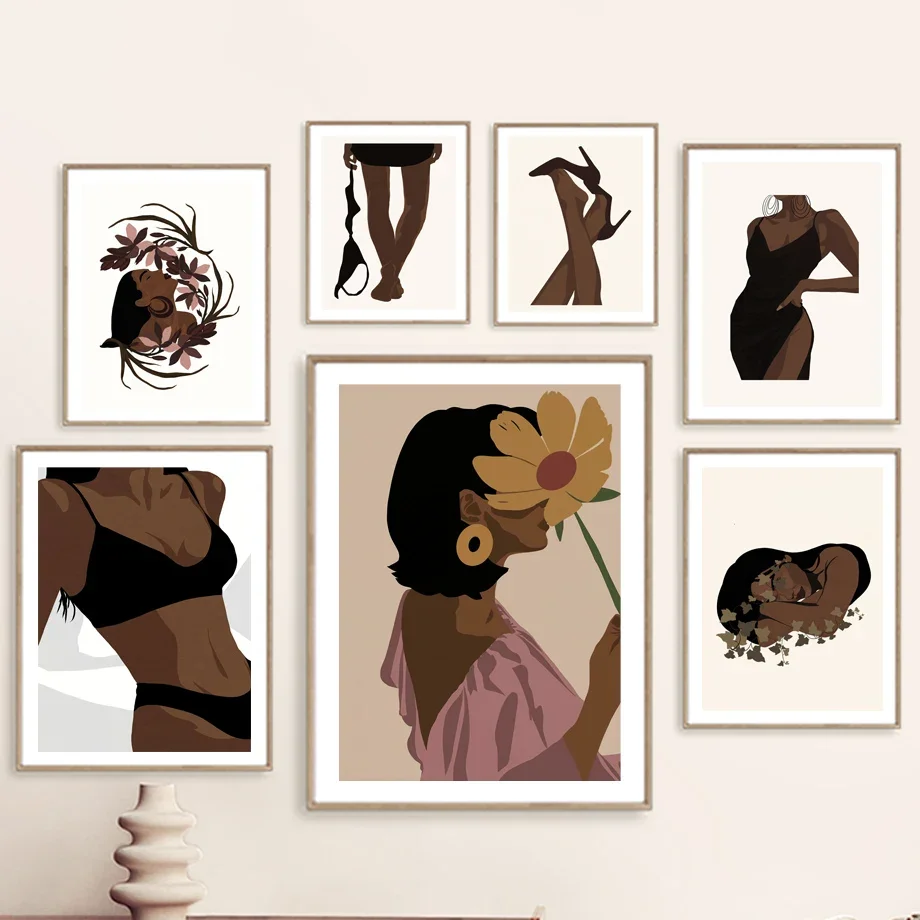 

Bohemia Supermodel Illustration Bikinis Black Girl Flowers Sexy Heels Wall Art Canvas Posters African Home Pictures Room Decor