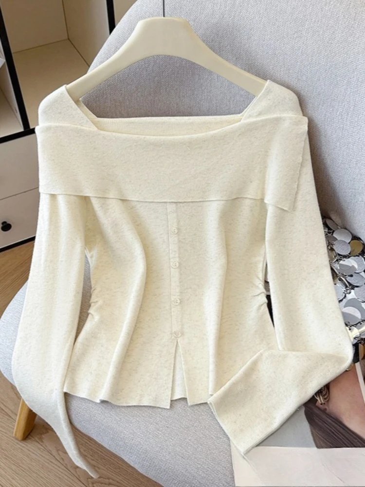 

REALEFT Autumn Winter Elegant Buttons Knitted Square Collar Women's Sweaters Long Sleeve Korean Casual Ruffles Bottom Pullovers