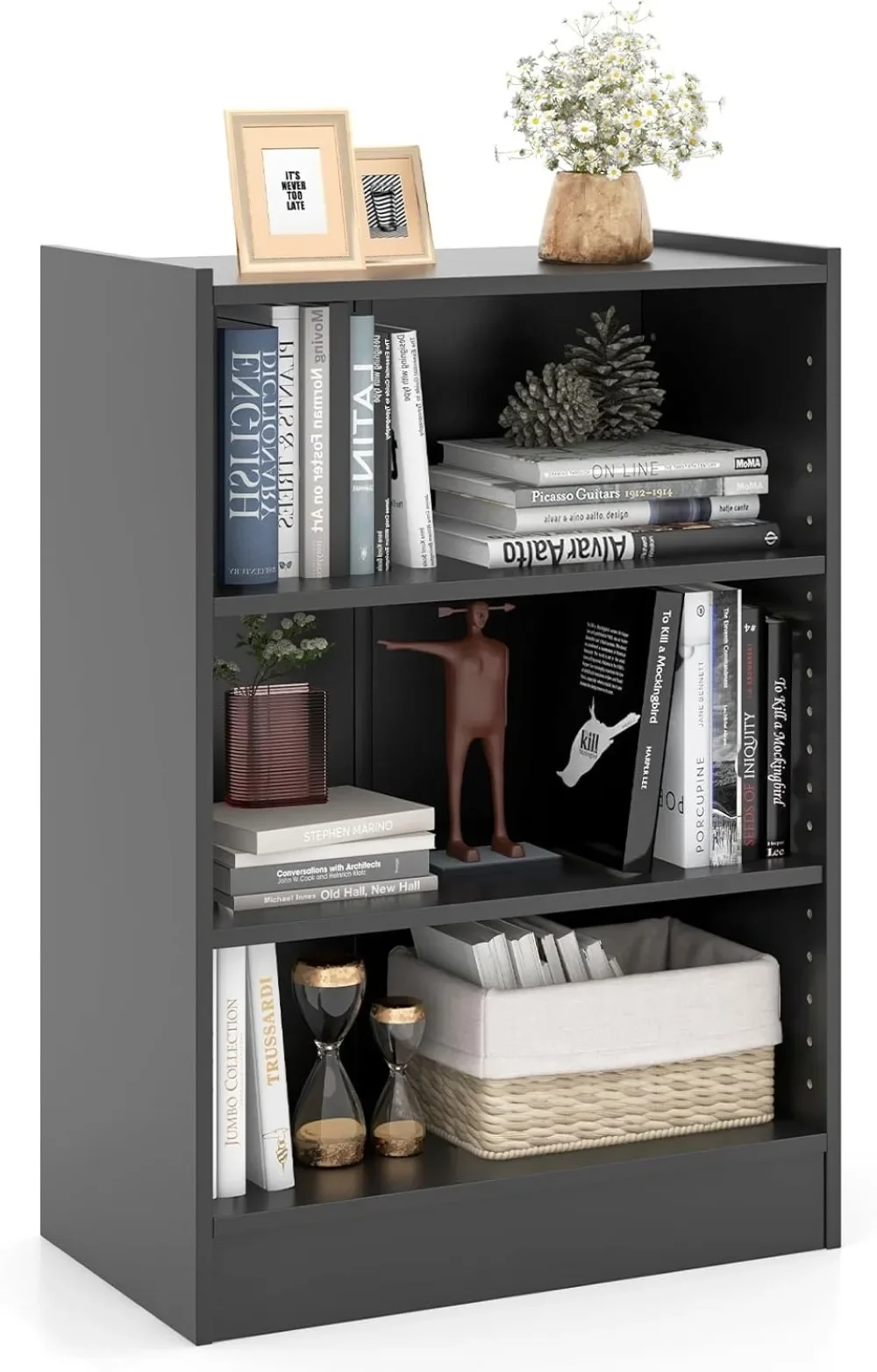 3-Cube Bookcase Black - 3-Tier Modern White Open Bookshelf with Adjustable Shelves, Anti-Tipping Device