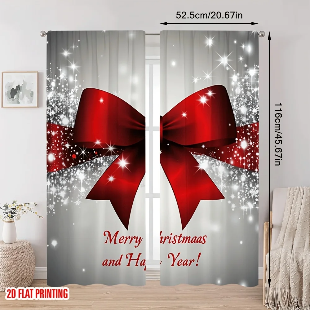 Christmas Bow Curtains 2pcs, Red White Sparkling Star Semi-Transparent Polyester for Living Room Bedroom Office Holiday Decor