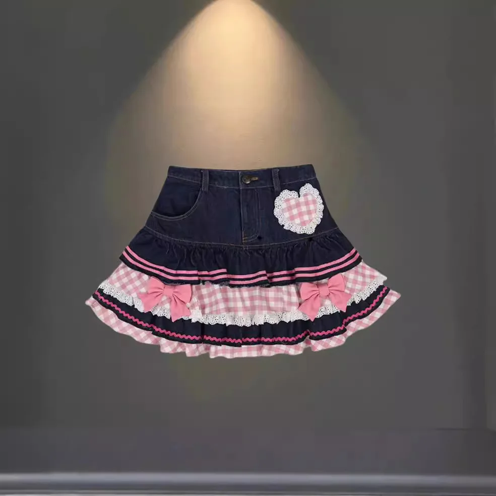 Preppy Style Lolita Kawaii Skirts Japanese Sweet Mini Women Harajuku Cute Ball Gown Denim Skater Y2K High Waist Lace Cake Skirts