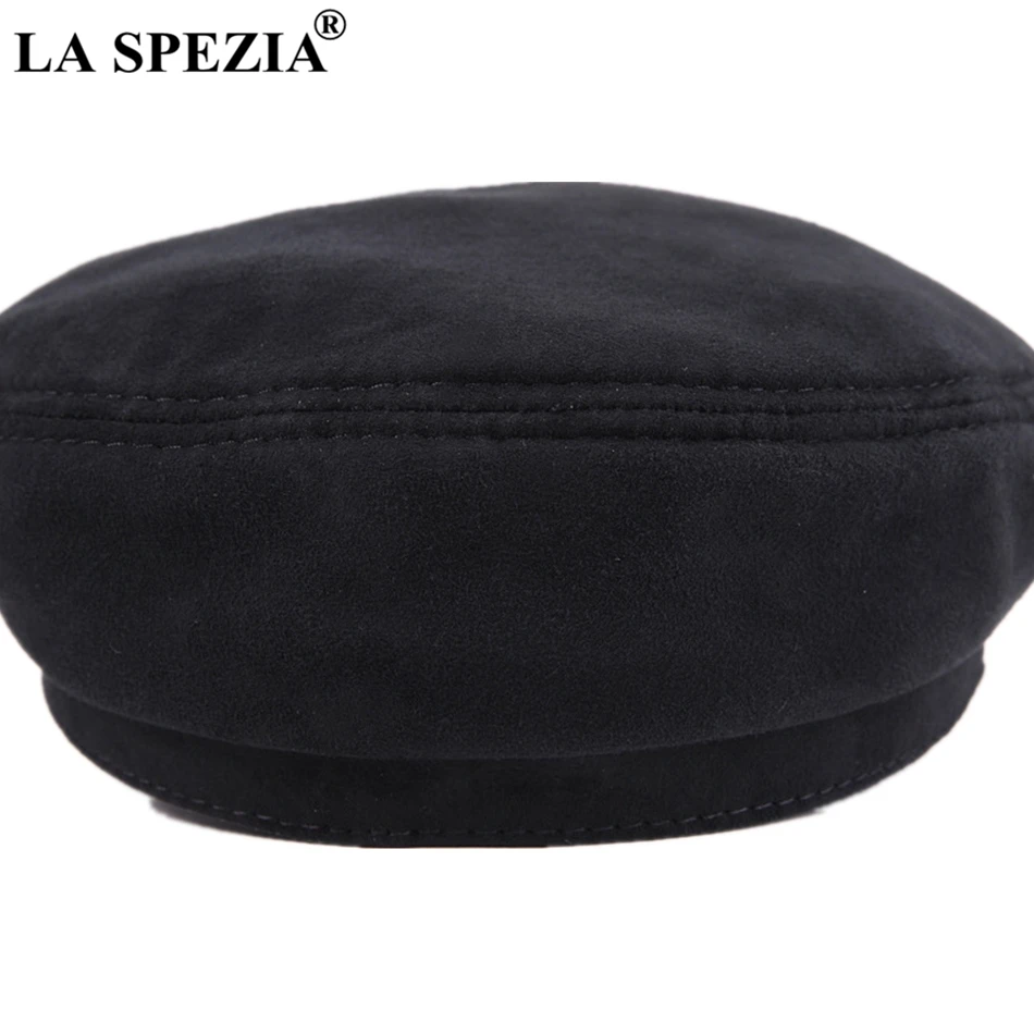 LA SPEZIA Genuine Leather Cap Men Newsboy Military Hats Vintage Women Brand Caps Black Classic Flat Hats Luxury Italian Brand