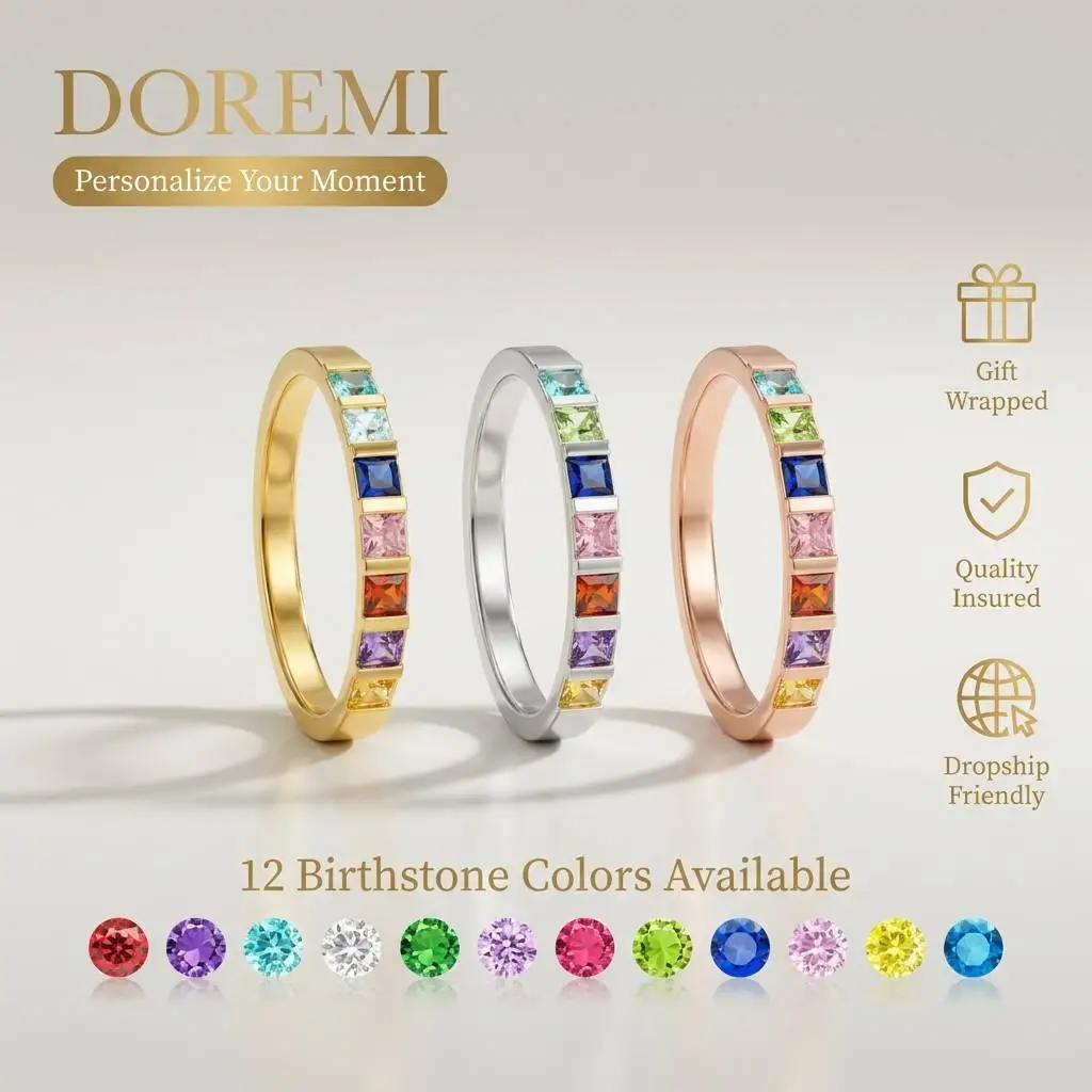 DOREMI Waterproof Tarnish Free Stainless Steel Birthstone Ring Rainbow Square CZ Eternity Band Stackable Personalized Gift Ring