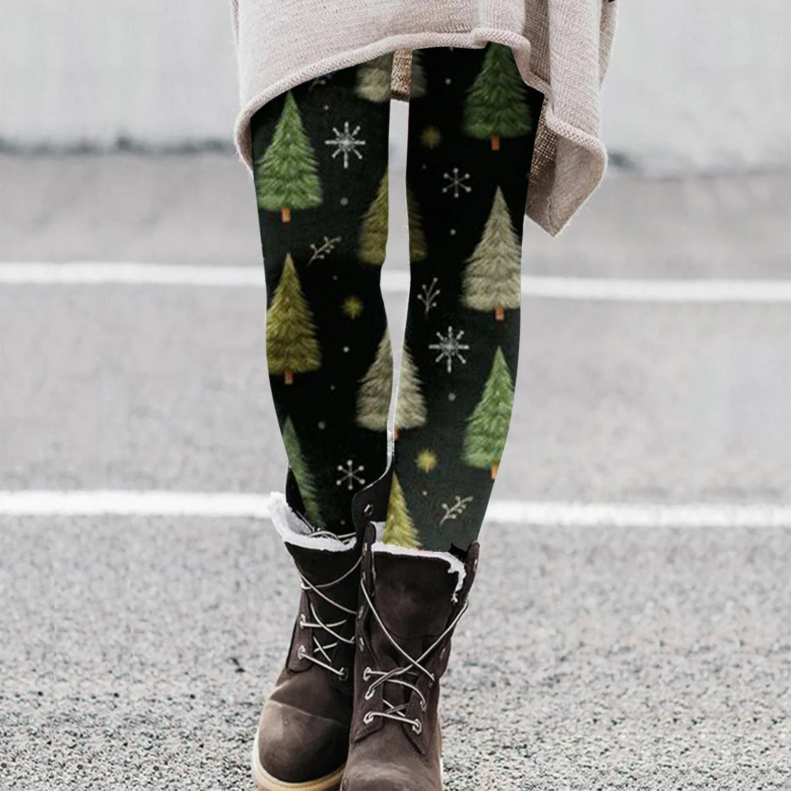 Women's Christmas Tree Printed Leggings Tights Slacks High Waisted Straight Leg Leggings Winter Warm Fashion Slim Leggings