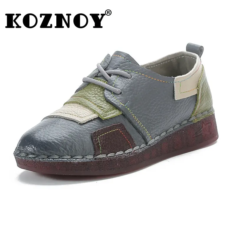 Koznoy 3 cm Native Flats-Schuhe für Damen, natürliches echtes Leder, ethnische Mokassins, bequeme Schnürung, gemischte Farben, weiche Sohle