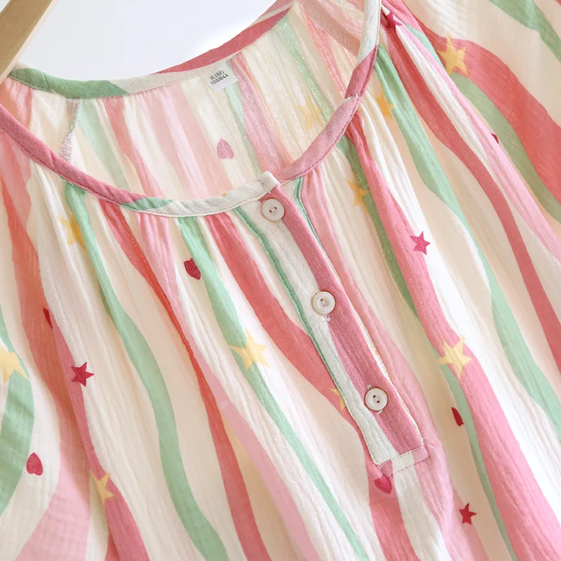 2025 nova saia de dormir feminina 100% algodão crepe fina casa saia conjunto cabeça listrado saia vestido verão bonito e doce senhoras