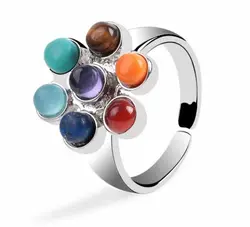 Silver Plated Flower of Life 7 Chakra Beads Healing Crystal Stone Adjustable Finger Ring Fashion Women Men Girls Jewelry Gifts