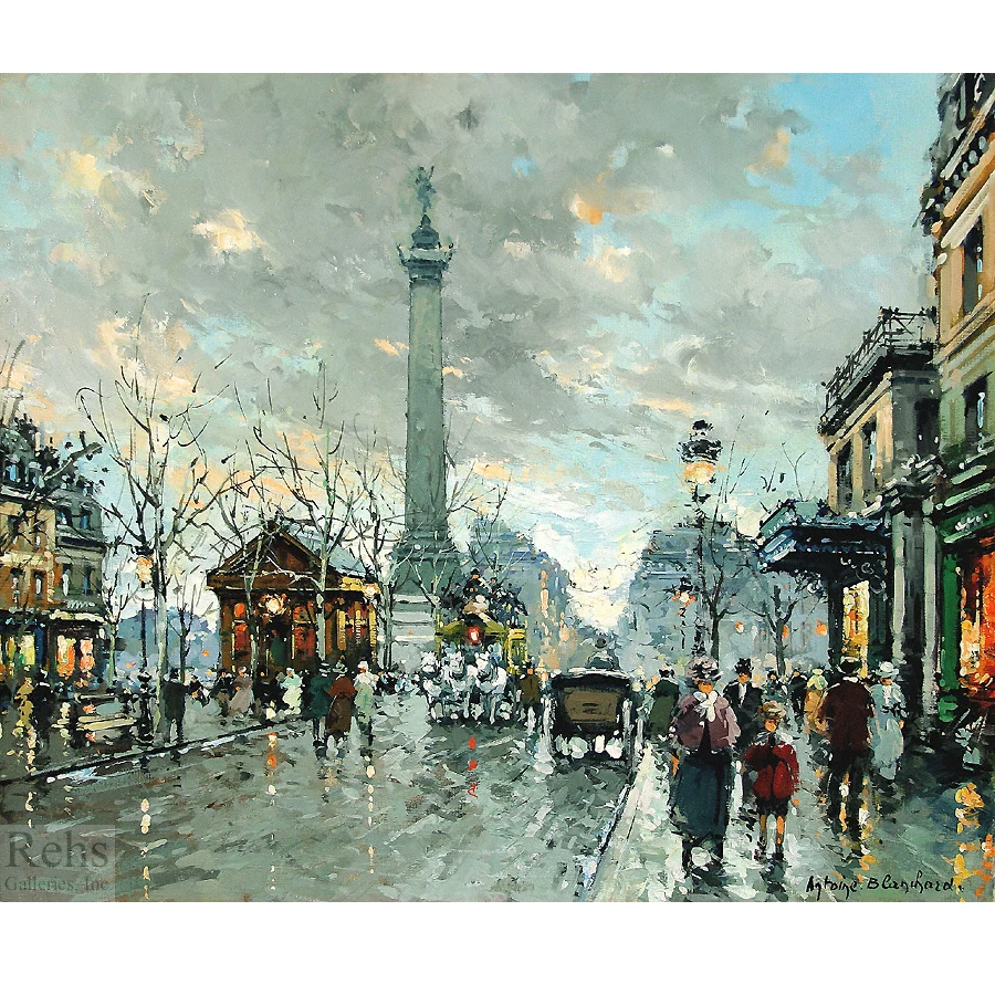 Hand painted high quality reproduction of Place de la Bastiile by Antoine Blanchard Paris street scene Modern decorative picture