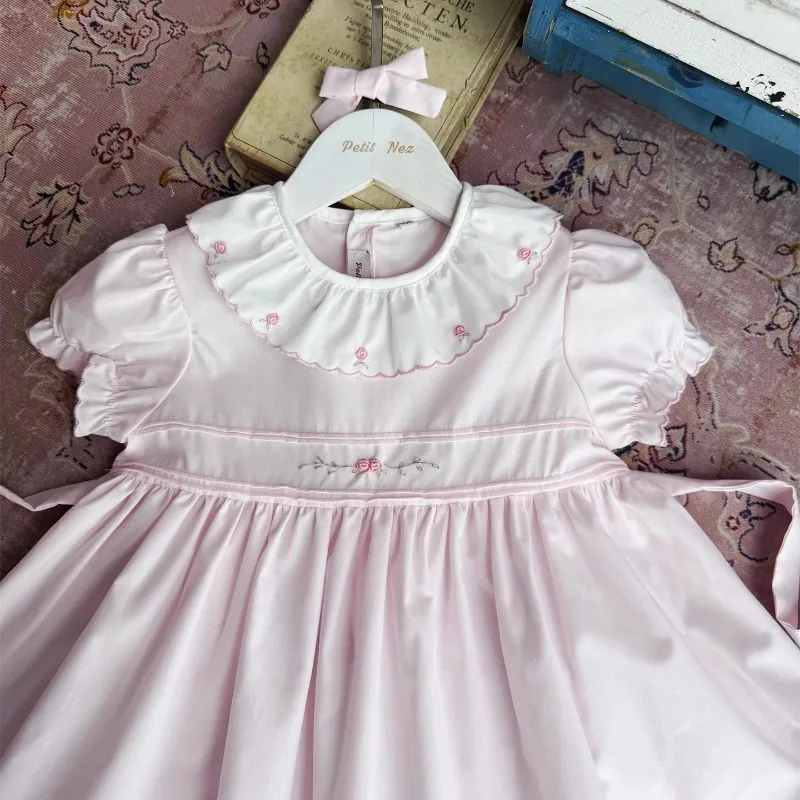 Handmade New Vintage Light Pink Hand-embroidered Flower Girls Short-sleeved Dress Flower Girls Wedding Party Dress