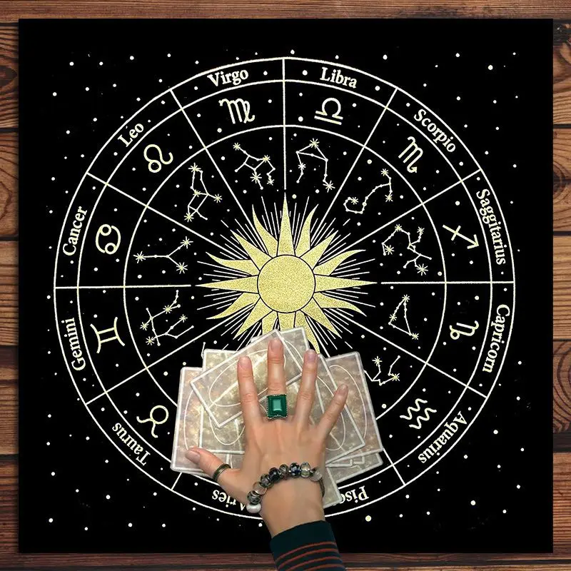 VIKAMA Tarot Tablecloth Altar Cloth Zodiac Wheel 12 Constellations Sun Moon Phase Witchcraft Divination Cloth for Tarot Reading