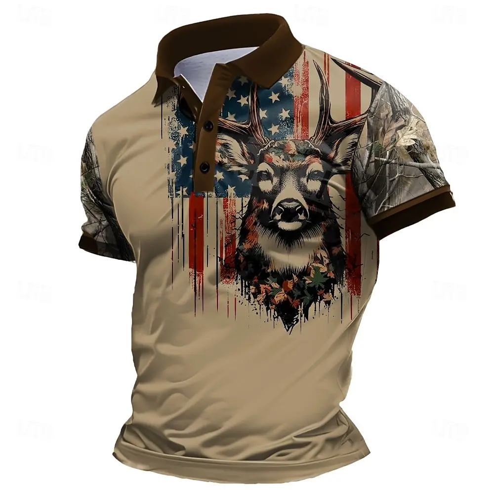 

3D Milu Deer Print Short Sleeve Sweatshirts Fashion Stand Collar Loose Men's Tops Casual Pullover Autumn Vintage Men's Clothes