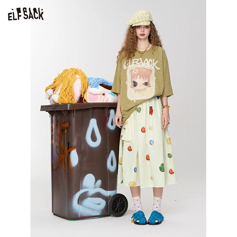ELFSACK 2025 Summer New Arrival Casual Long Skirt Colourful Polka Dot High Waist Half Skirt For Woman