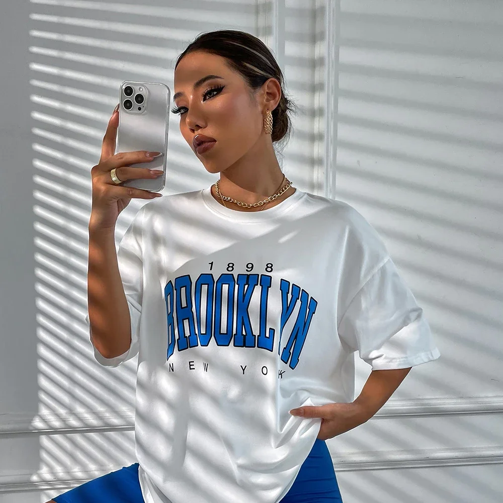 Brooklyn Print T-Shirt Women O Neck Pullover Vintage High Street Wear Base Layer T-shirt Outfits Summer Female Blouse Y2k Tops