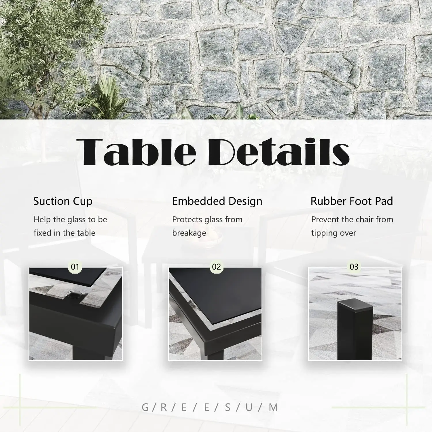 Greesum 3 Pieces Patio Furniture Set Outdoor Conversation Textilene Fabric Chairs for Lawn, Garden, Balcony, Poolside with A Gla