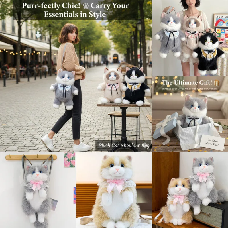 

Y2K Cat Backpacks Animal Realistic Kitten Doll Bag Cute Stuffed Double Shoulder Backpacks Birthday Gift Girlfriend Backpacks New