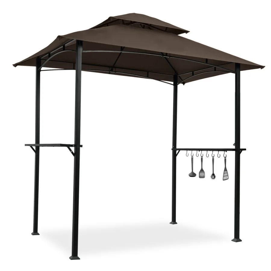 

Outdoor Grill Gazebo 8 x 5 Ft Shelter Tent Double Tier Soft Top Canopy and Steel Frame with hook and Bar Counters Brown
