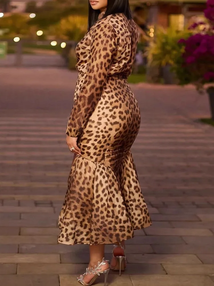 Two Piece Set Plus Size Clothes Autumn Winter Leopard Long Sleeve Top And Maxi Skirt Women Sets Streetwear Office Lady Suit - Image 3
