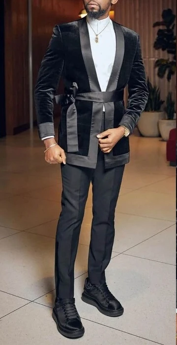 

Men's Black Velvet Suit Belted Jacket Fashion Casual Party Slim Fit