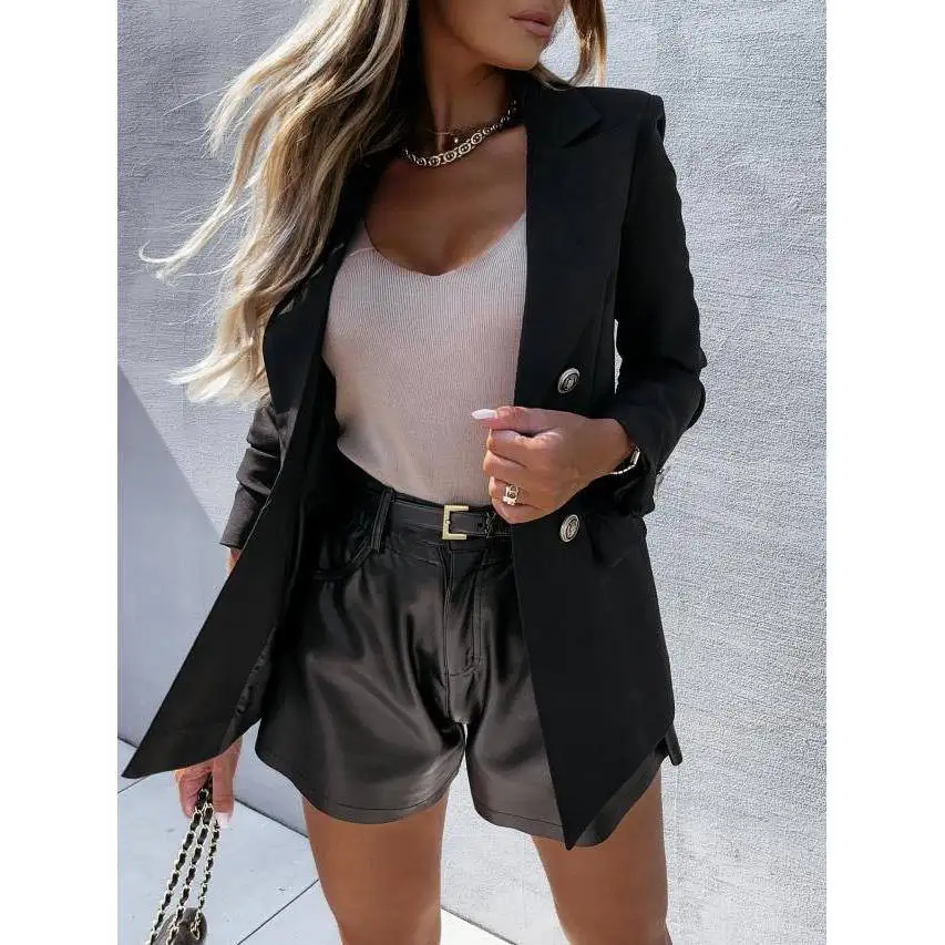 

2024 Spring Autumn Lady's Long Double-Breasted Lapel Suit Jaet Women's Faion Slim Fit Polyester Fiber College Sle