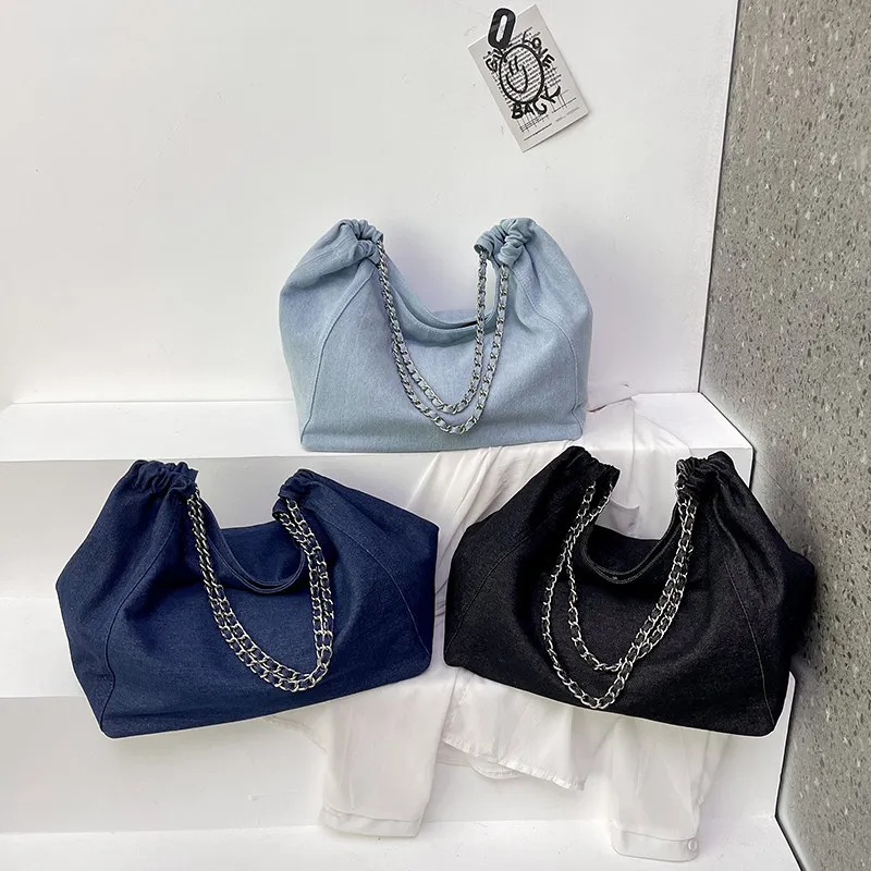 Women's large-capacity denim bag2026New early autumn versatile chain shoulder bag, fabric bag with a high-end feel, tote bag