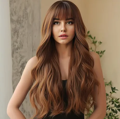 Fashion synthetic fiber wig Ladies big wave brown long curly hair with bangs long fake high temperature silk hair set