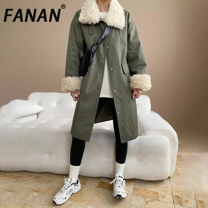 FANAN Mantel Parka Tebal Hangat Wanita Desain Kombinasi Wol Domba dan Katun Pakaian Luar Kantor Wanita Mantel Panjang Temperamen Musim Dingin 2025 Terbaru